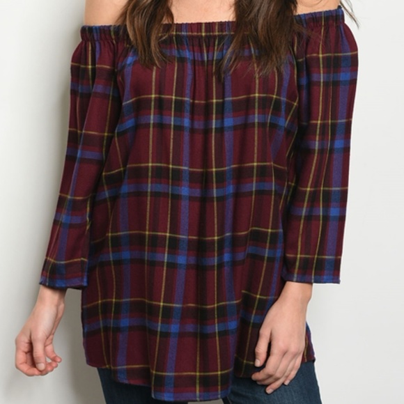 SELENA OFF THE SHOULDER PLAID BLOUSE (WINE RED) - Picture 2 of 3